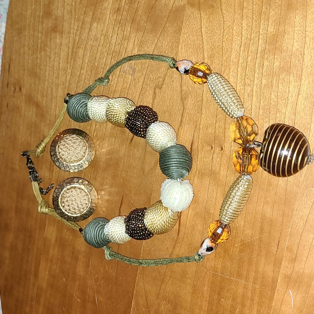 Vintage Boho Hippie Artisan Funky Beaded Necklace, Burlap Hammered Gold Earrings
